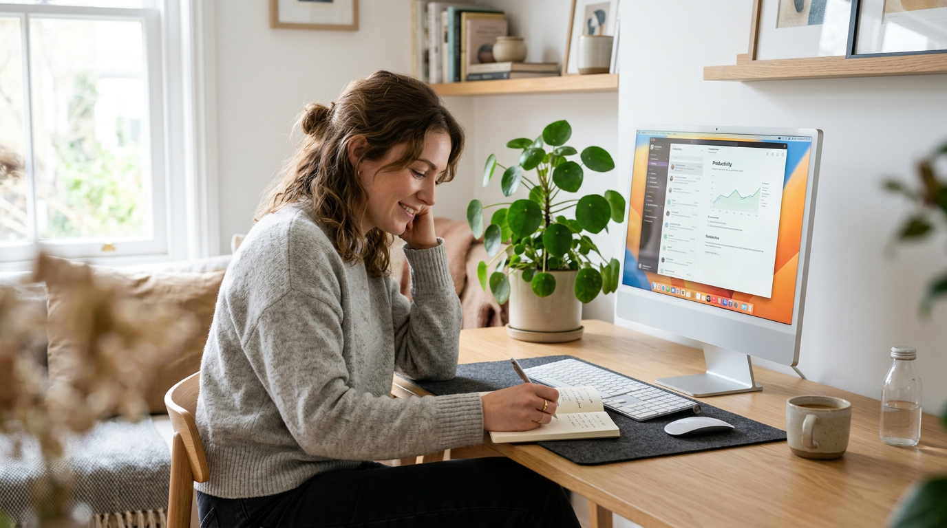 Person working at an all-in-one desktop computer at home