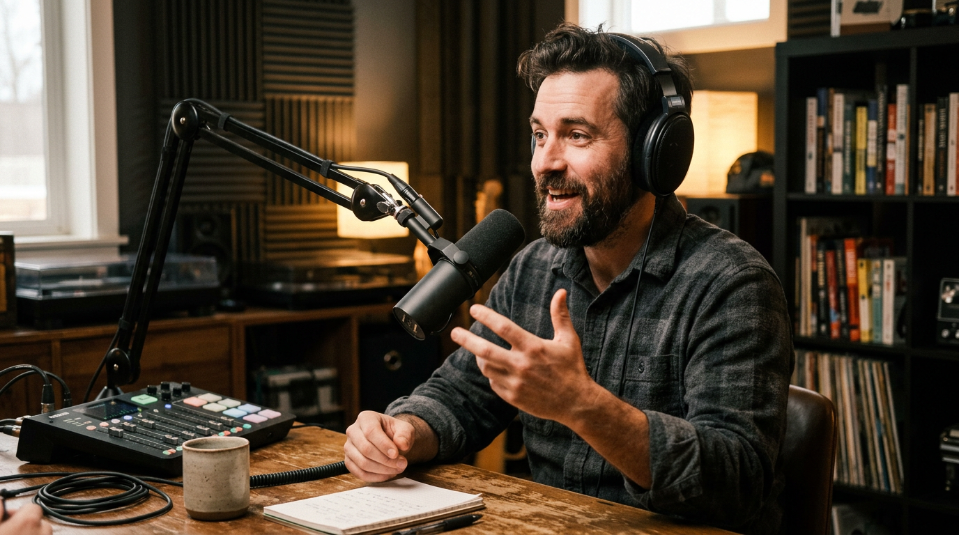 Podcaster recording in a studio with headphones and mic