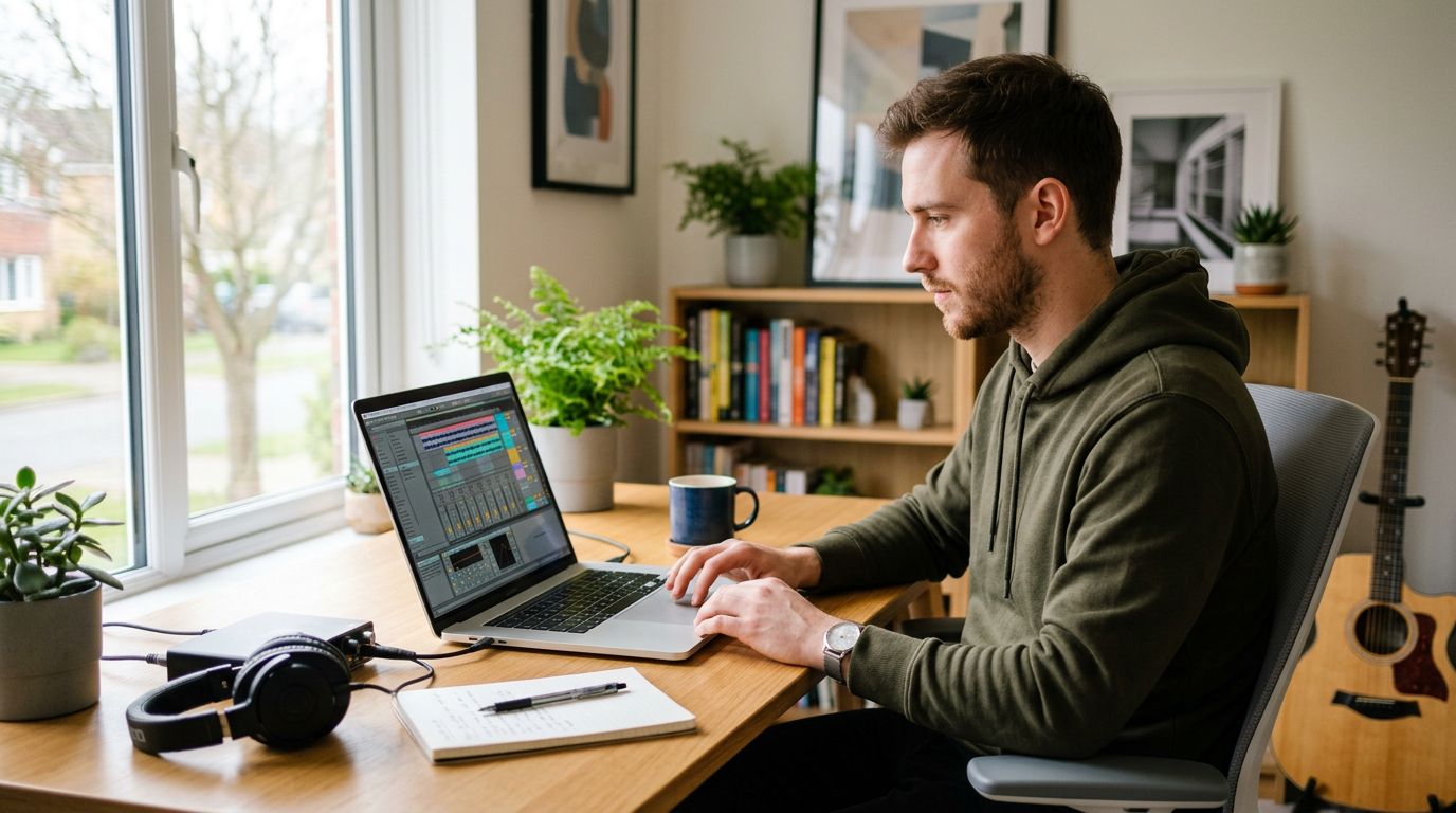 Creator working on a laptop with audio editing on screen