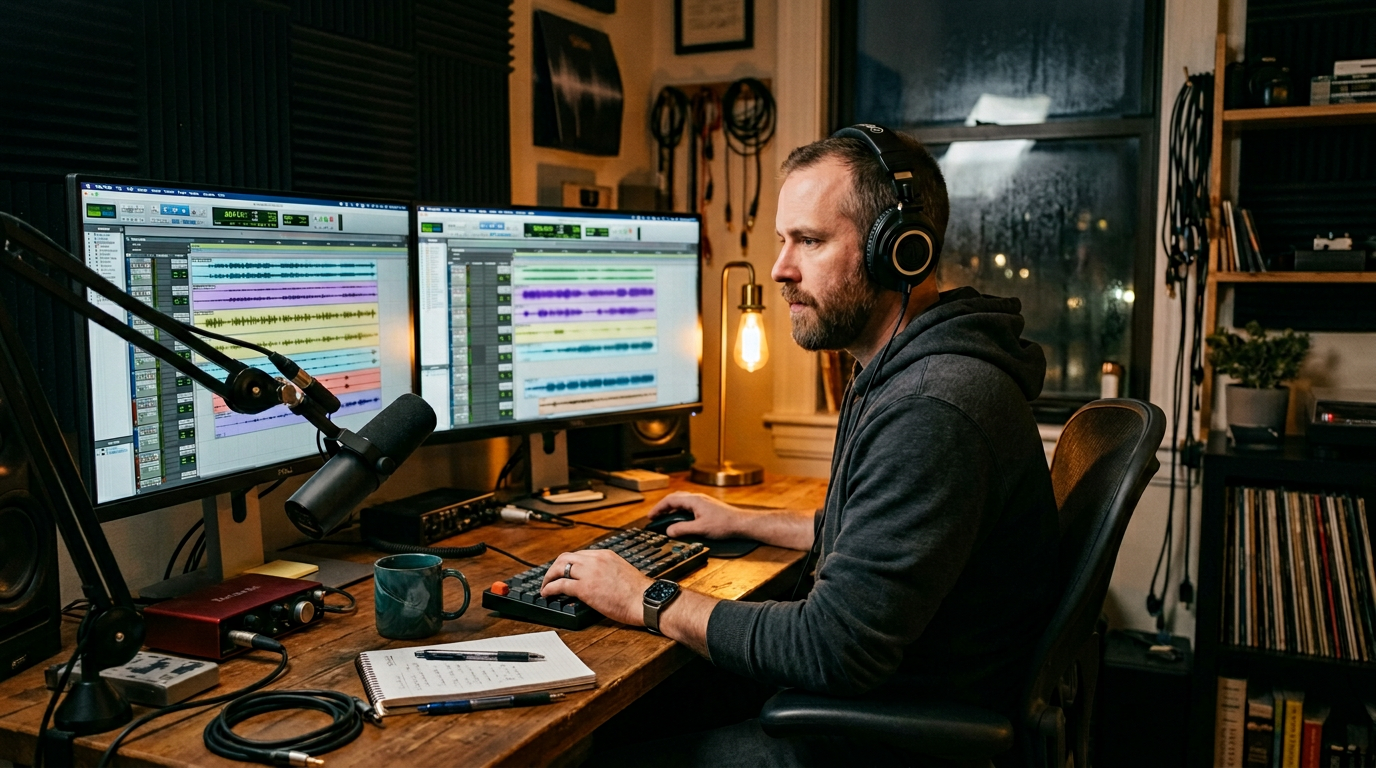 Editor at a desk with monitors showing audio timelines