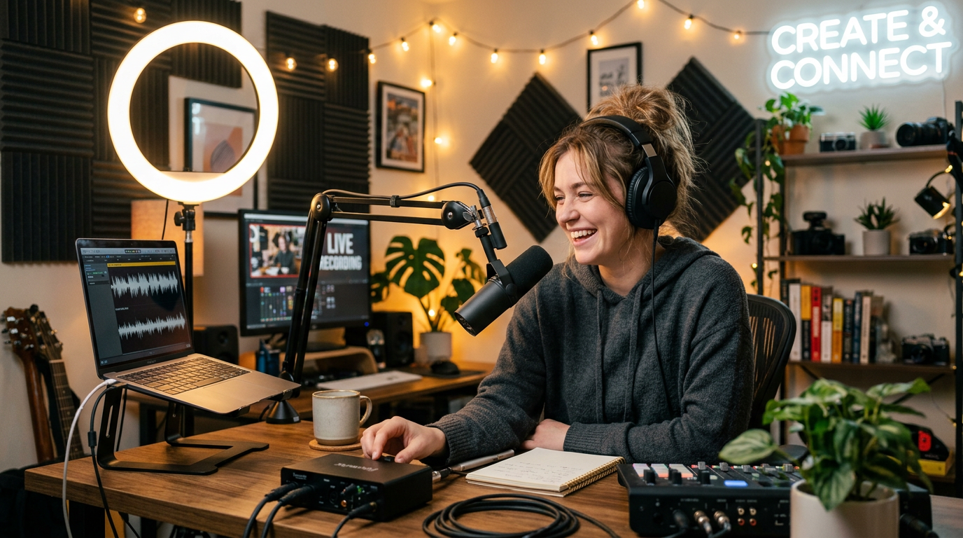 Video creator filming with camera, light, and microphone