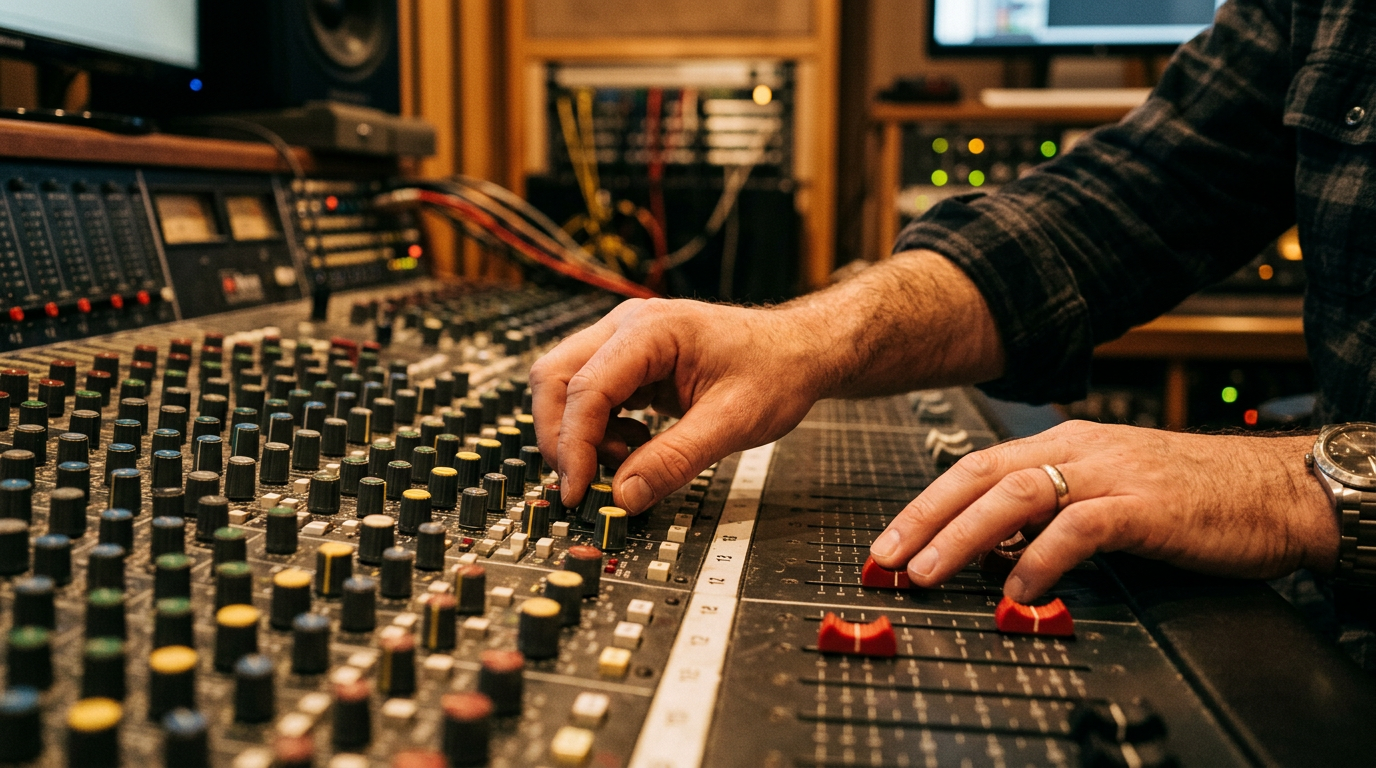 Audio engineer hands adjusting faders on a mixing console