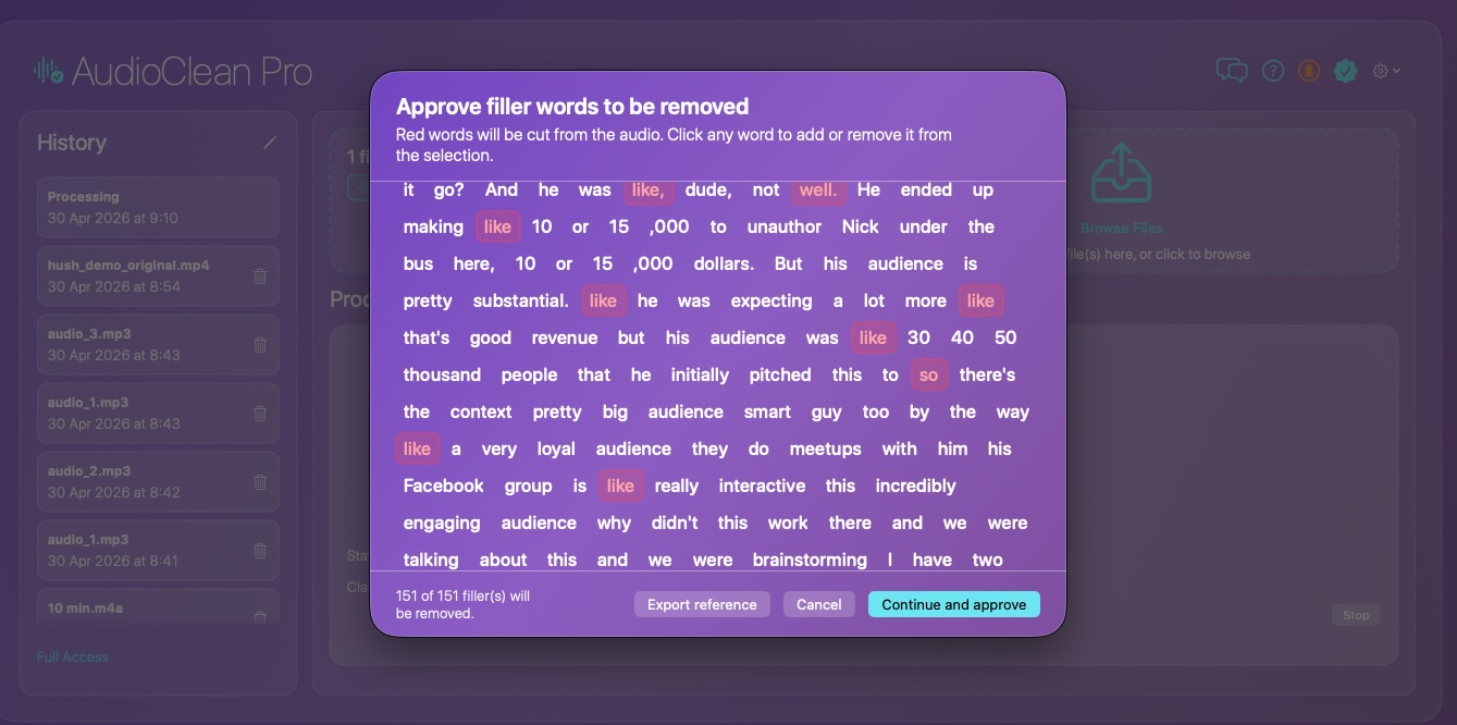 Transcript editing interface showing highlighted filler words for review before removal